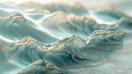 Close-up of crystal-clear sea waves, light dancing through the water creating patterns on the sand below, the color palette is dominated by light turquoise, evoking a sense of calm and clarityの素材
