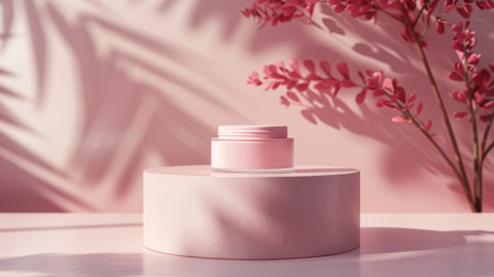 Skin care cream jar showcased on a cylindrical podium, soft pastel background enhancing the product's gentle appeal, focus on clean lines and simplicityの素材