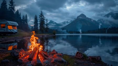 Detailed view of a campfire in front of an RV parked by a lakeside, distant mountains in the backdrop, highlighting the warmth and coziness of campingの素材
