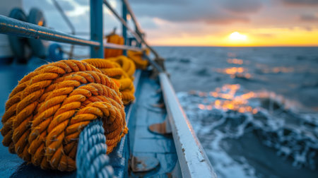 Vibrant close-up of a coiled fishing net on the deck of a boat, sea and horizon in soft focus, emphasizing the preparation and anticipation of a fishing expeditionの素材