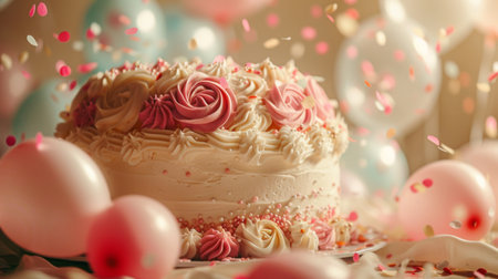 Birthday cake with roses and balloons on blurred background, closeupの素材