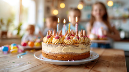 Birthday cake with candles on a wooden table with children in the backgroundの素材