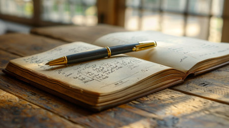 Old book and fountain pen on wooden table in coffee shop, stock photoの素材