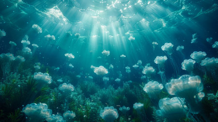Underwater view of the coral reef with fishes and sunbeamsの素材