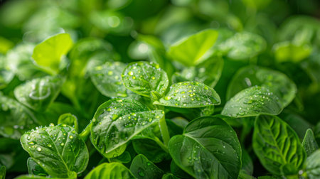 An extreme close-up shot of water droplets on the vibrant green leaves of a hydroponically grown herbの素材