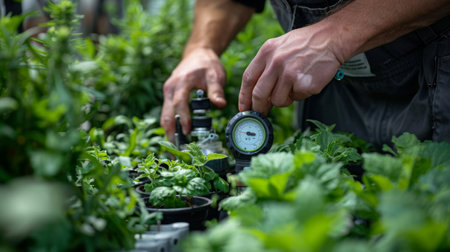 the monitoring process of a hydroponic system's nutrient levels by a professional grower.の素材