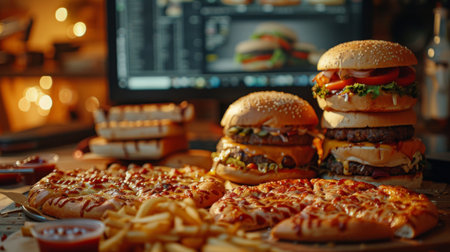 an assortment of junk food including pizza and burgersの素材