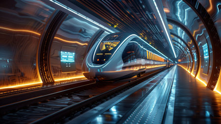 a futuristic scene showcasing a high-speed electric train gliding into an advanced electric train stationの素材
