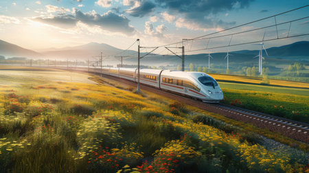 A panoramic shot of a high-speed electric train cutting through a landscape of renewable energy sourcesの素材