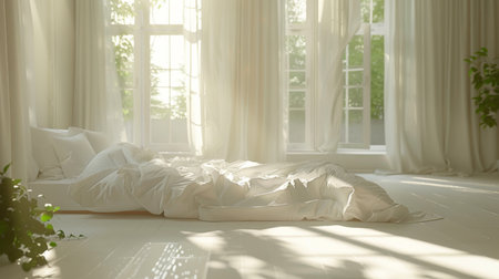 a serene bedroom scene bathed in clean morning light streaming through a large windowの素材