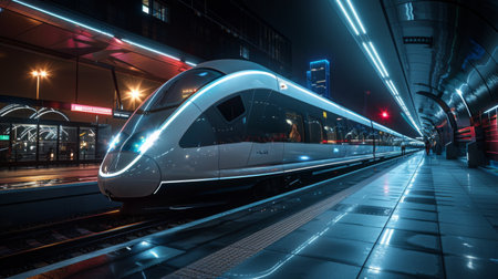 a night scene at a futuristic electric train station, where a high-speed electric trainの素材