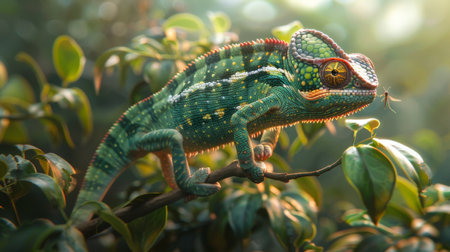 A chameleon balancing on a thin branch, its tongue mid-air, targeting an insectの素材