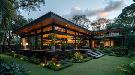 A contemporary house situated in a lush, garden-like setting, where modern design meets organic beauty.の素材