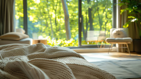 a close-up of a modern bedroom with a direct view of nature, focusing on the details that create a peaceful sanctuaryの素材