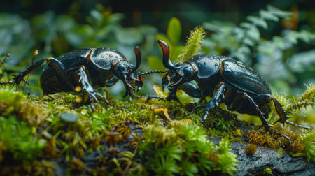 A close-up of stag beetles fighting on a moss-covered log, the intensity of their battle emphasized by the sharp focus on their formidable mandiblesの素材