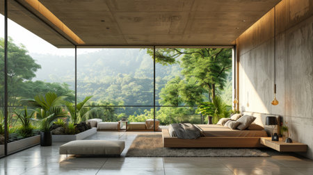 A panoramic shot of a modern bedroom featuring floor-to-ceiling windows that offer an unobstructed view of a lush, green landscape.の素材