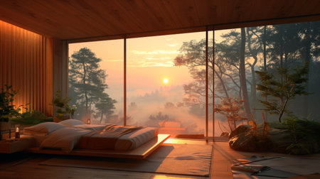 a dynamic view of a modern bedroom at sunrise, where the room is designed to maximize the breathtaking nature viewの素材