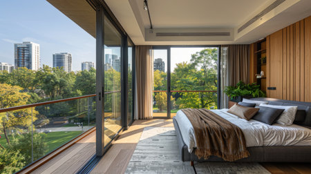 A detailed view of a modern bedroom that opens onto a private balcony overlooking a vibrant city park.の素材