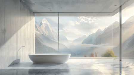 A sleek, minimalist bathroom set against the backdrop of a mountain rangeの素材