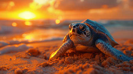 The moment a sea turtle finishes laying her eggs and carefully covers them with sandの素材