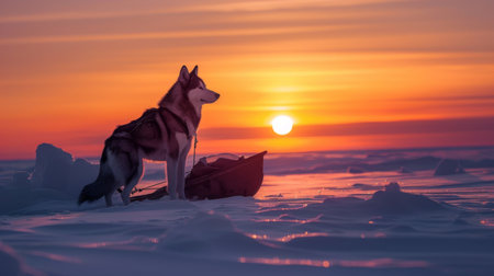 The silhouette of a Siberian dog and sled at dusk, the fading light casting long shadows on the snowの素材