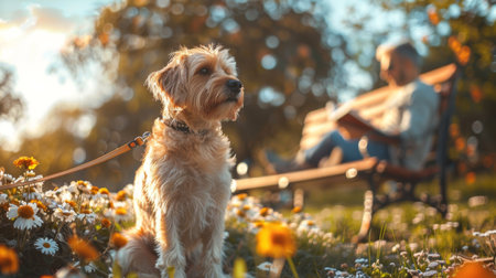 A dog patiently sitting on a leash in the park, waiting as its owner reads a book on a nearby bench,の素材