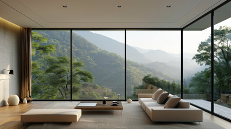 a spacious living room in modern style, featuring large glass walls that offer a panoramic viewの素材