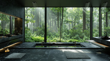 Bathroom, sleek modern design with black marble countertops and chrome fixturesの素材