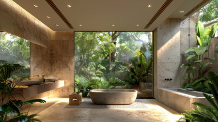 A minimalist bathroom overlooking a lush garden, where simplicity and nature converge.の素材