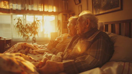 In their bedroom, an elderly couple shares a moment of closenessの素材