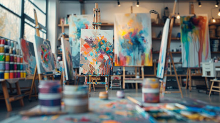 A team of charming robots in an art studio, painting abstract art on multiple canvasesの素材