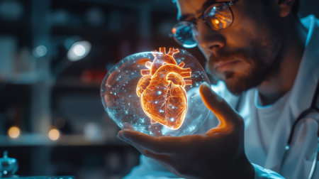 Professional doctor analyzing a holographic projection of a human heartの素材