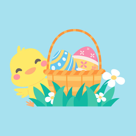 Cartoon chick with Easter eggs in the grass and Easter egg search activity with children.のイラスト素材