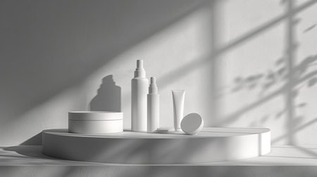 Envision a simple yet striking 3D presentation of beauty products on a minimalist podium.の素材