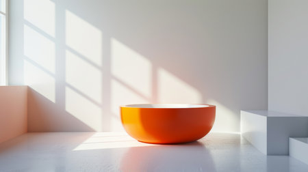 Create a minimalist 3D scene featuring a round orange podium with a white surfaceの素材