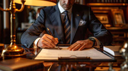 Close-up of a lawyer signing a contract in a courtroom.の素材