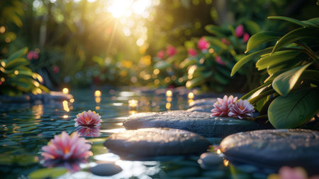 Beautiful spa background with zen stones and flowers in the poolの素材