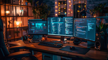 Programmer working on desktop computer at night in office late at night.の素材