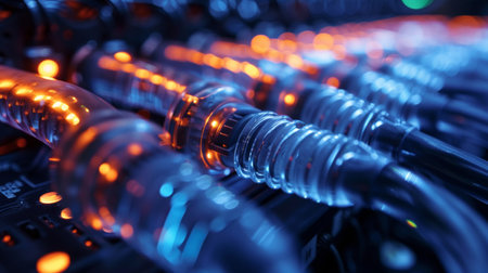 A close-up of vibrant fiber optic cables, light pulsating through them symbolizing high-speed data transmissionの素材