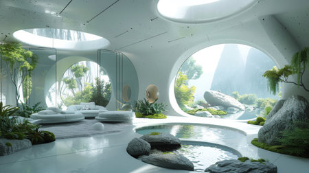 3D rendering of a modern zen garden in a contemporary styleの素材