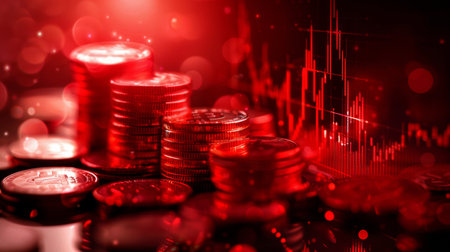 Investment concept, Coins graph stock market financial on LED background.の素材