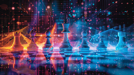 3D rendering of a chess board with chess pieces on a dark backgroundの素材
