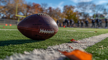 American football on the field, close-up of the ball.の素材
