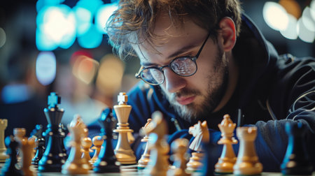 Chess player in glasses playing chess on the night city street.の素材