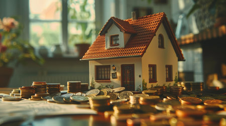 Mortgage concept. House model and coins in the foreground.の素材