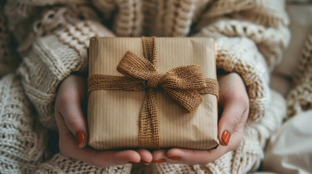 Female hands holding a gift box wrapped in brown craft paper and tied with a bow.の素材