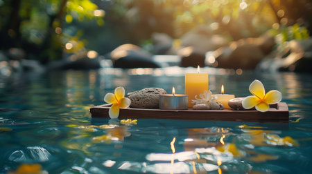 Spa and wellness setting with candles, stones and flowers in swimming poolの素材