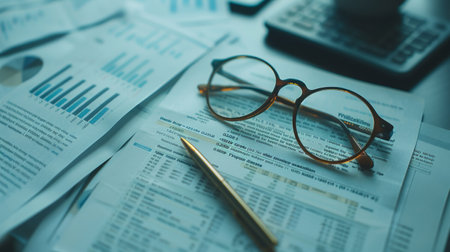 Close up of business document with eyeglasses and calculator on deskの素材