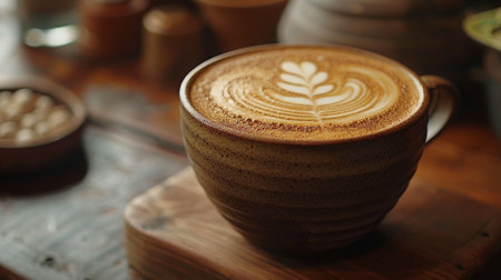 Close-up of a perfectly frothed cappuccino in a ceramic cupの素材