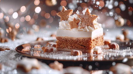 Dessert plating on a mirror, reflecting a sky of edible starsの素材